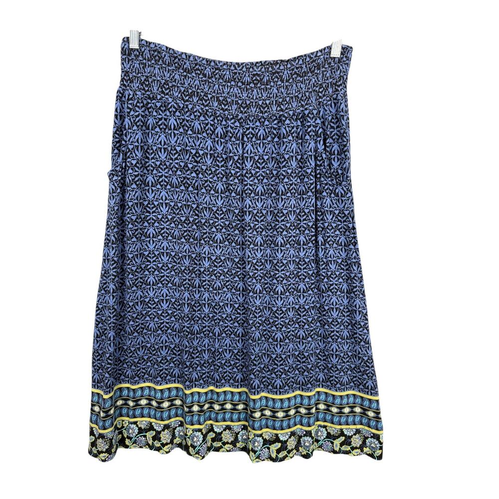 J Jill MP Midi Skirt Smocked Waist Blue Black Floral Pockets Boho Peasant